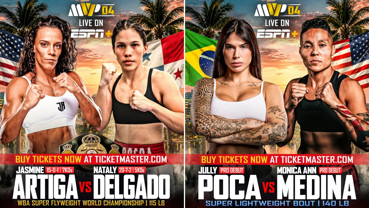 Jasmine Artiga akan menghadapi pemegang gelar interim WBA, Nataly Delgado (kiri), sementara Jully Poca akan menjalani laga ulang melawan Monica Medina. (Foto: Instagram)