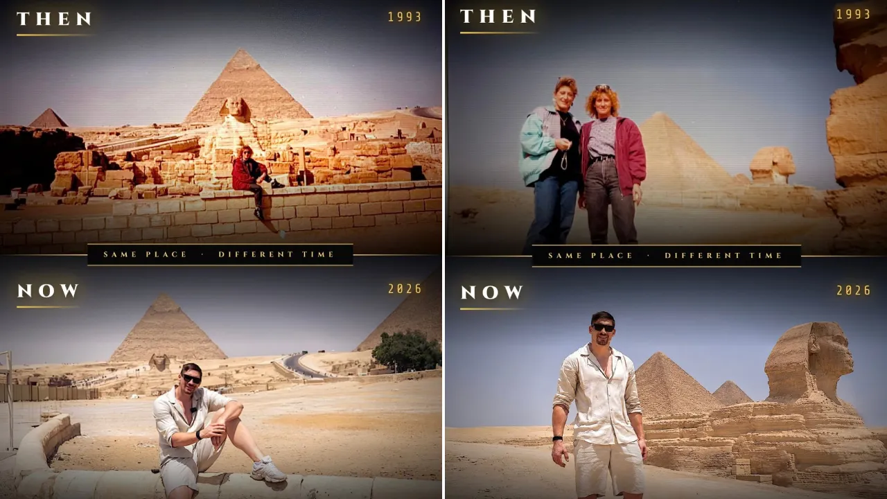 Rico Verhoeven merekonstruksi foto lama sang mendiang ibu di Piramida Giza, Mesir. (Foto: Instagram)
