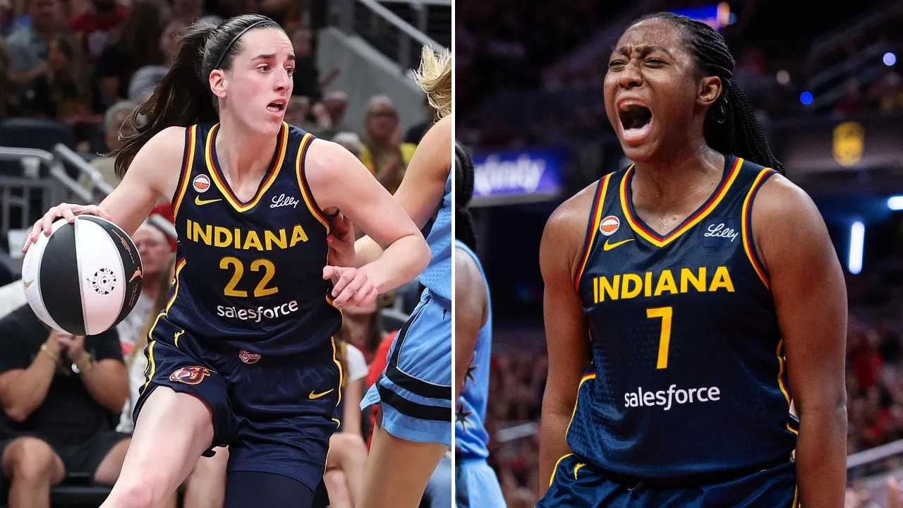 Duo Indiana Fever, Aliyah Boston (kanan) dan Caitlin Clark, menjadi pasangan setim pertama dalam sejarah WNBA yang sama-sama bukukan double-double dengan sedikitnya 30 poin dalam satu pertandingan. (Foto: AP)