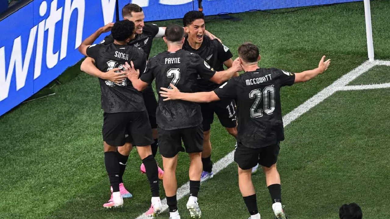 Penyerang Selandia Baru, Elijah Just merayakan gol di Piala Dunia 2026