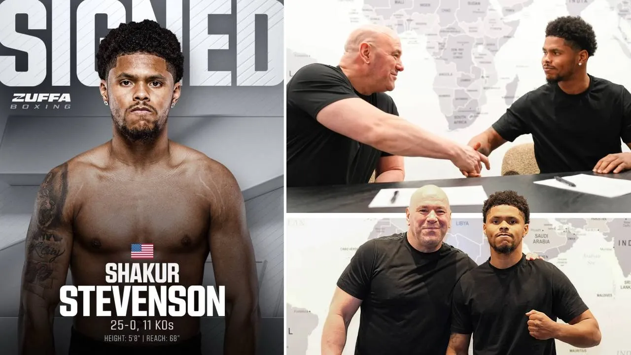Shakur Stevenson meneken kontrak dengan disaksikan Dana White. (Foto: Fight TV)