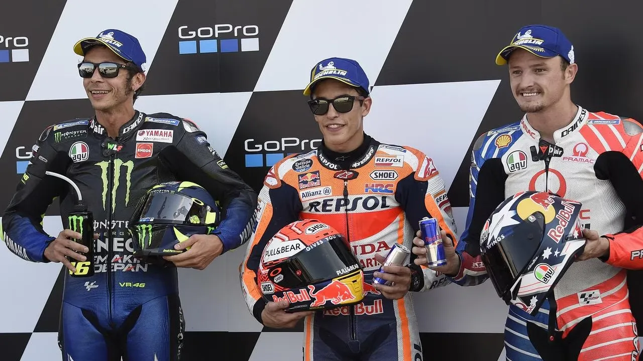 Valentino Rossi, Marc Marquez dan Jack Miller di MotoGP Inggris 2019.