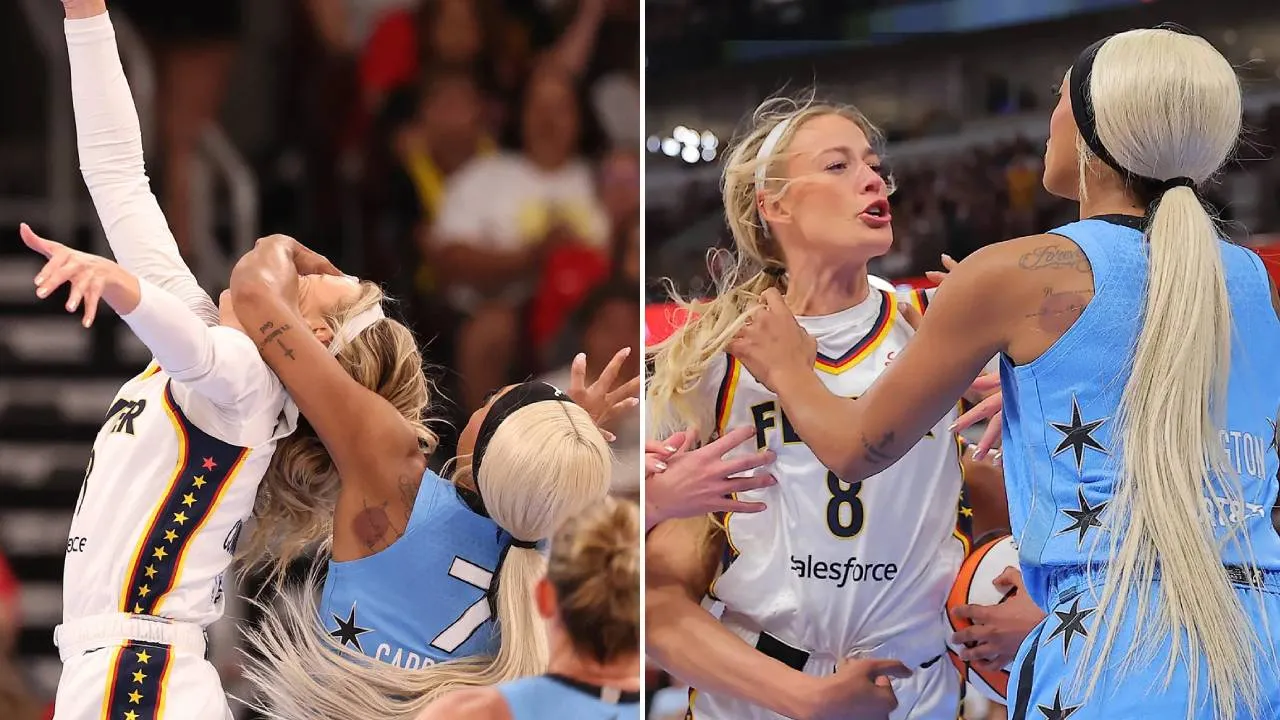 DiJonai Carrington mengejar dari belakang dan mengayunkan tangan kirinya ke area wajah dan leher Sophie Cunningham. (Foto: AP)