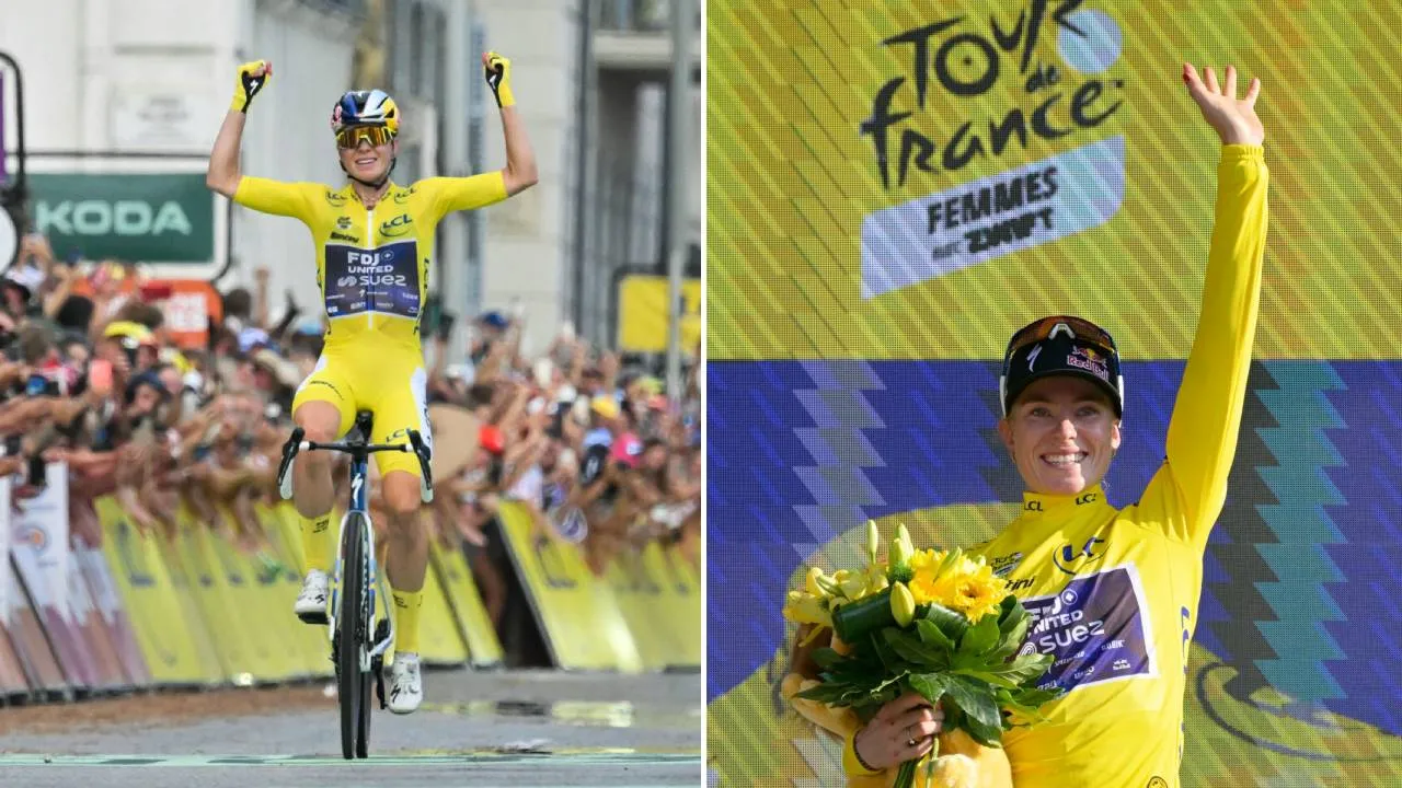 Demi Vollering melakukan selebrasi setelah menentukan gelar juara Tour de France Femmes 2026. (Foto: AP)