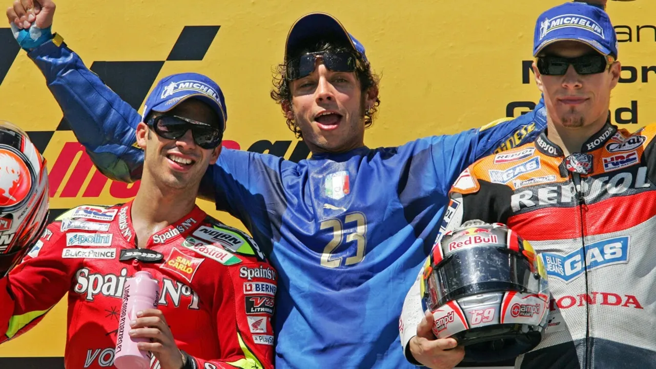 Marco Melandri, Valentino Rossi dan Nicky Hayden menempati podium di MotoGP Jerman 2026