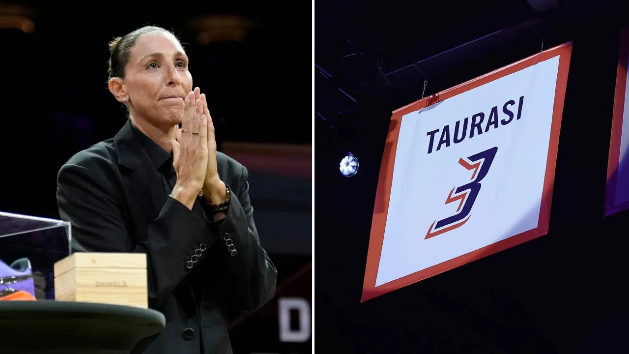 Nomor 3 Diana Taurasi dinaikkan ke langit-langit arena dalam acara yang dihadiri mantan rekan setim, pelatih, keluarga, serta sejumlah tokoh besar bola basket. (Foto: AP)