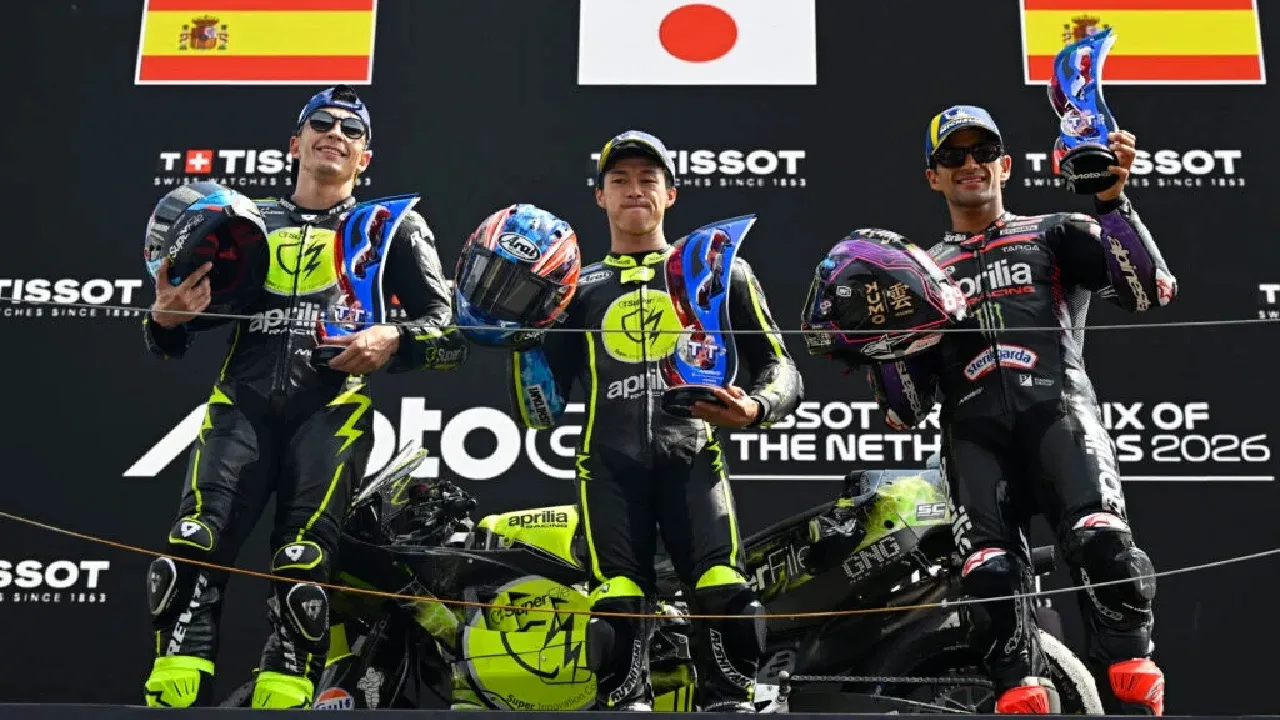 Raul Fernandez, Ai Ogura (Trackhouse) dan Jorge Martin (Aprilia) meraih podium di MotoGP Belanda 2026