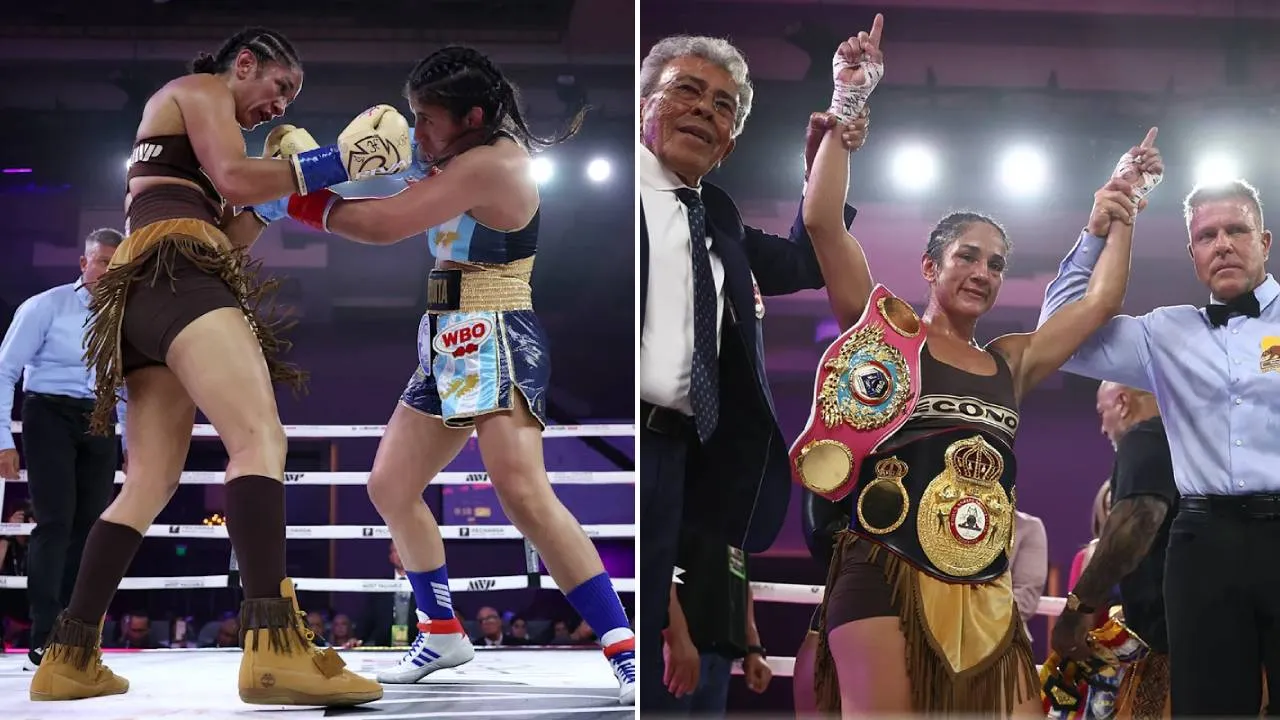 Amanda Serrano mengalahkan Lucrecia Manzur melalui majority decision dalam pertarungan perebutan gelar kelas bulu WBO dan WBA di Pechanga Resort Casino. (Foto: Fight TV)