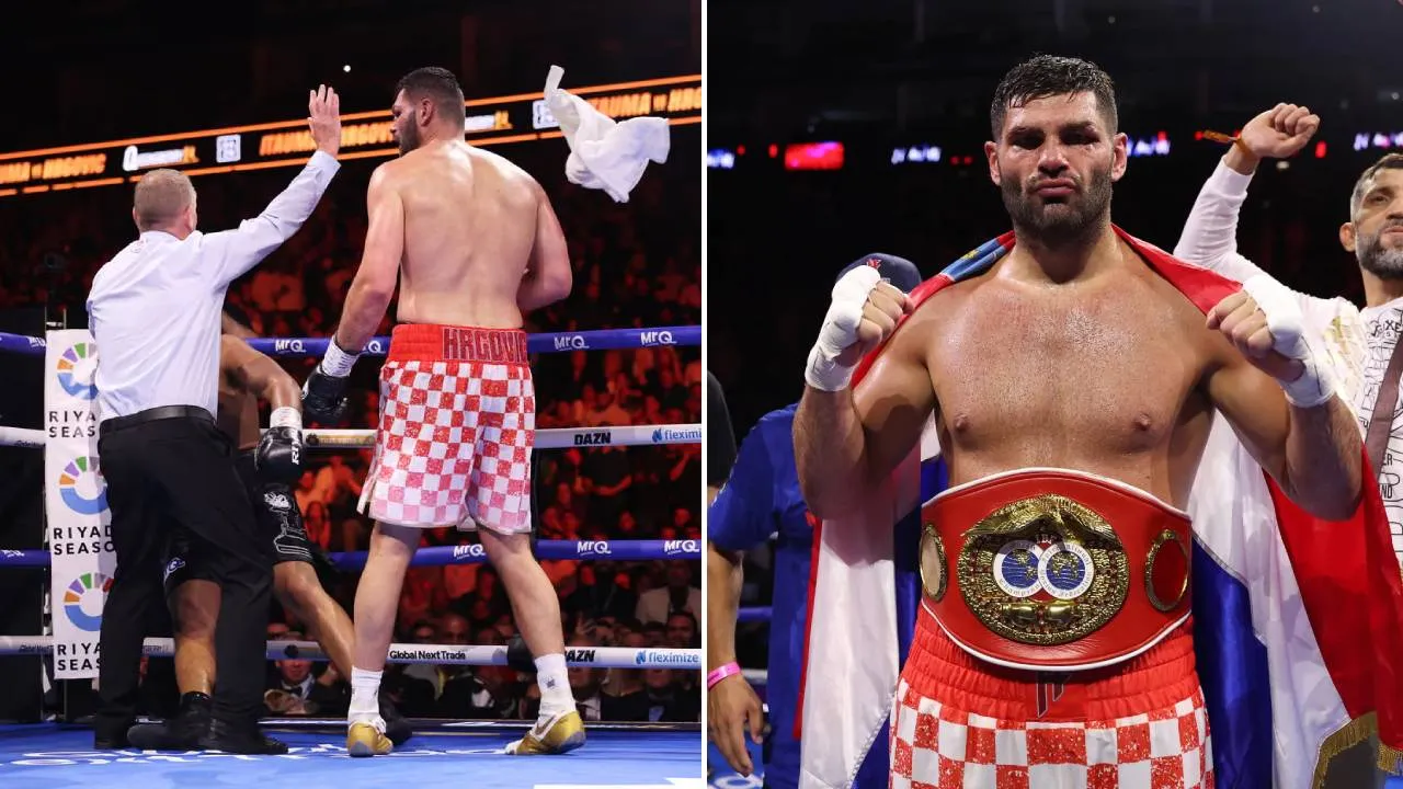 Filip Hrgovic menjadi petinju pertama dari Kroasia yang merebut gelar dunia kelas berat setelah menaklukkan Moses Itauma di O2 Arena, London, Sabtu (29/8) malam. (Foto: Fight TV)