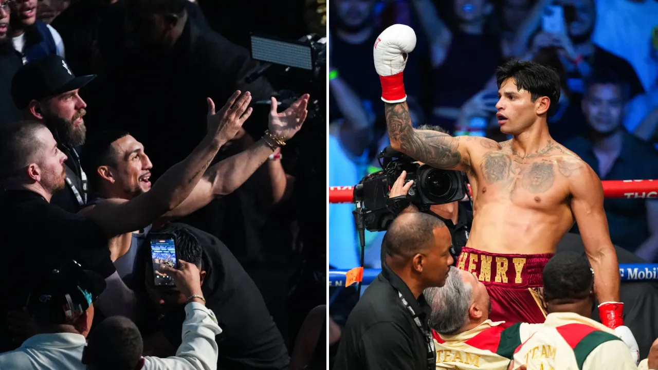 Ryan Garcia (kanan) menilai pertarungan melawan Teofimo Lopez (yang hadir menonton di sisi ring) menjadi opsi yang paling mudah diwujudkan. (Foto: Fight TV)
